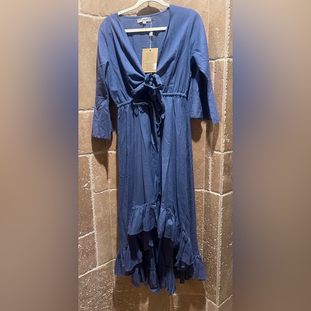 Blue Tie-Front Ruffle Hem Maxi Dress